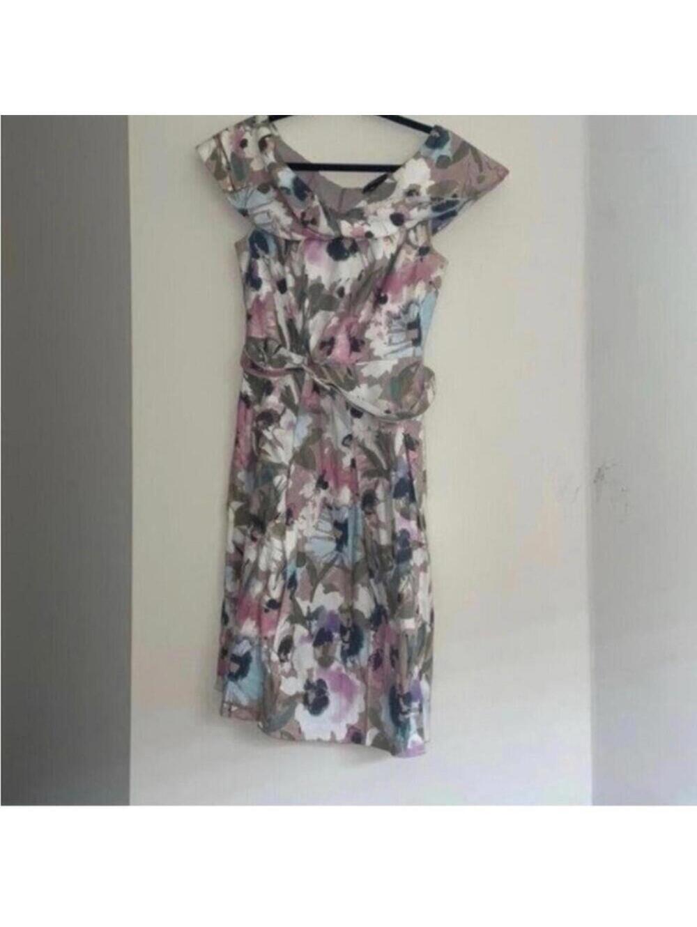 Adrianna Pappell Floral Watercolor Off the Shoulder Twist Front Midi Tea dress